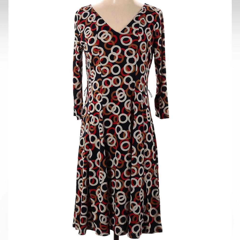 Ellen Tracy Black Multicolor Ring-Print V-Neck Long Sleeve Dress
